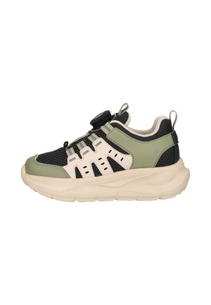 Zwart-groene sneaker met beige zool, bovenwerk van mesh, verstelbare sluiting met draaidial en trekbandjes op hiel en tong.