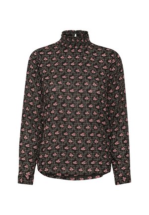 Blusa nera a maniche lunghe con collo alto, caratterizzata da un piccolo dettaglio a chiave e da un motivo floreale rosa. Tessuto leggero.