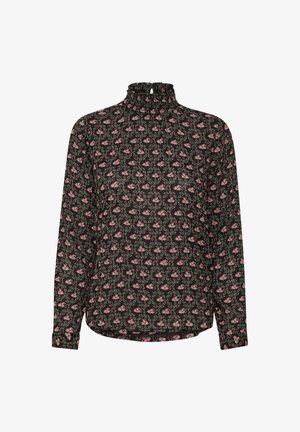 Blouse noire à manches longues avec un col montant, dotée d'un petit détail en forme de trou de clé et d'un motif floral rose sur l'ensemble. Tissu léger.