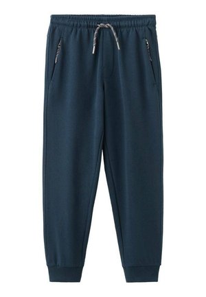 Pantalon de jogging bleu marine en tissu doux. Il possède une ceinture élastique avec cordon de serrage et deux poches latérales zippées. Bords-côtes aux chevilles.