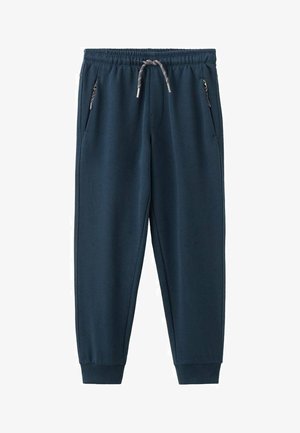 Pantaloni jogger bleumarin realizați dintr-un material moale. Au talie elastică cu șnur și două buzunare laterale cu fermoar. Manșete la glezne.