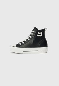 Black high-top sneakers made of leather with white rubber sole, featuring a cat graphic in sunglasses on the outer side.