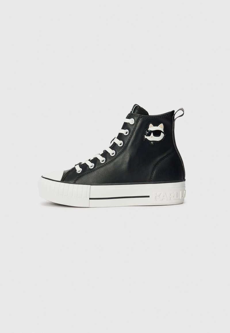 Black high-top sneakers made of leather with white rubber sole, featuring a cat graphic in sunglasses on the outer side.