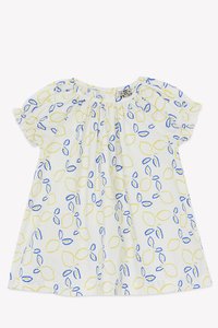 White short-sleeve dress with yellow and blue leaf patterns, elasticated neckline, and subtle gathered detailing for added texture.