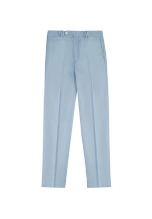 Pantalon sur mesure bleu clair en tissu lisse, doté d'une fermeture à bouton, de poches latérales et d'une coupe droite.