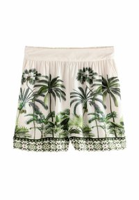 Helle beige Shorts mit tropischen Palmenmotiven in Grün. Elastischer Bund und dekorativer gemusterter Saum am unteren Ende. Aus Baumwolle.