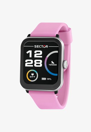 Smartwatch met roze bandje die de tijd 12:28, een hartslag van 77 bpm, een stappendoel van 12.000 stappen en 99% batterijpercentage toont op een zwart digitaal scherm.