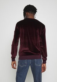 Felpa in velluto bordeaux con maniche lunghe, polsini e orlo a coste. Presenta una superficie liscia e una vestibilità comoda, mostrata di spalle.