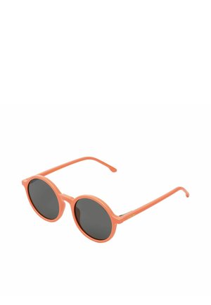 Round sunglasses with a soft coral plastic frame and dark gray lenses; features slender arms for a lightweight design.