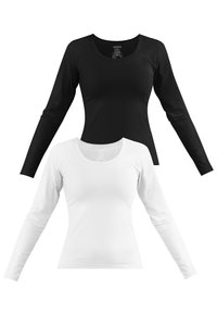 Langärmlige T-Shirts in Schwarz und Weiß, mit Rundhalsausschnitt, taillierter Form, glattem Stoff und kontrastierenden Halsabschlüssen.