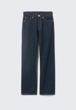 Dark blue straight-leg denim jeans with five pockets and copper rivets, laid flat on a neutral background.