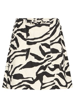 Zwart-witte A-lijnrok met zebraprint, elastische tailleband en opgestikte zakken aan de voorkant, lengte boven de knie.