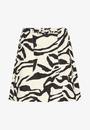 Zwart-witte A-lijnrok met zebraprint, elastische tailleband en opgestikte zakken aan de voorkant, lengte boven de knie.