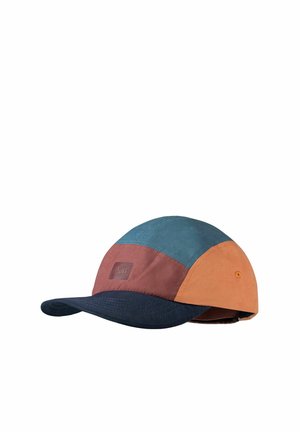 Five-panel cap with dark blue brim, teal top, rust front panel with logo, and orange side panel, shown on white background.