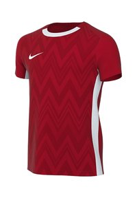 Rotes kurzes Sportshirt mit einem Zickzackmuster, hergestellt aus leichtem Material. Verfügt über weiße Netzseiteinsätze und einen Rundhalsausschnitt.