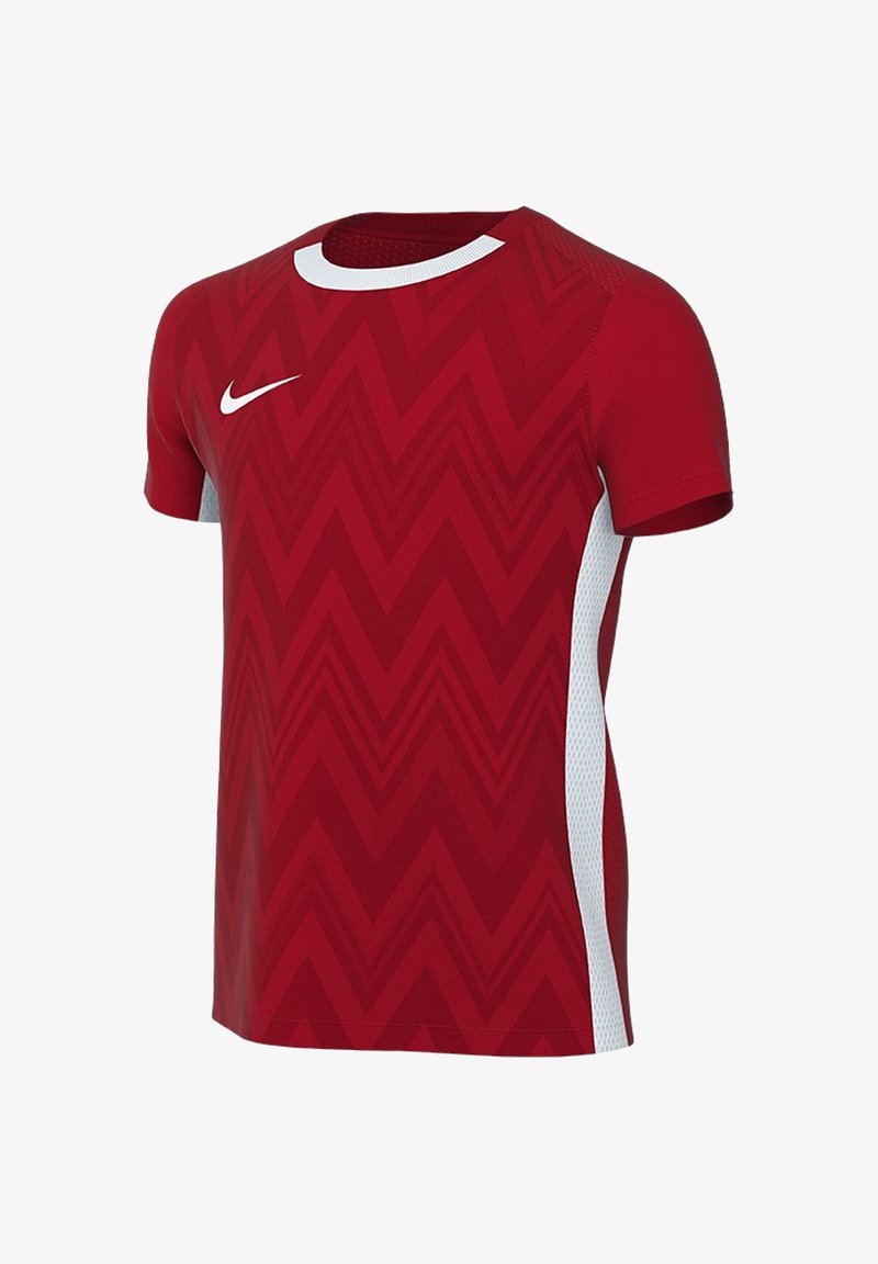 Rotes kurzes Sportshirt mit einem Zickzackmuster, hergestellt aus leichtem Material. Verfügt über weiße Netzseiteinsätze und einen Rundhalsausschnitt.