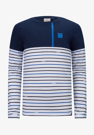 Chemise à manches longues avec le haut bleu marine, le bas blanc orné de rayures horizontales noires et bleues, et le petit texte "Retour" dispersé sur les rayures.