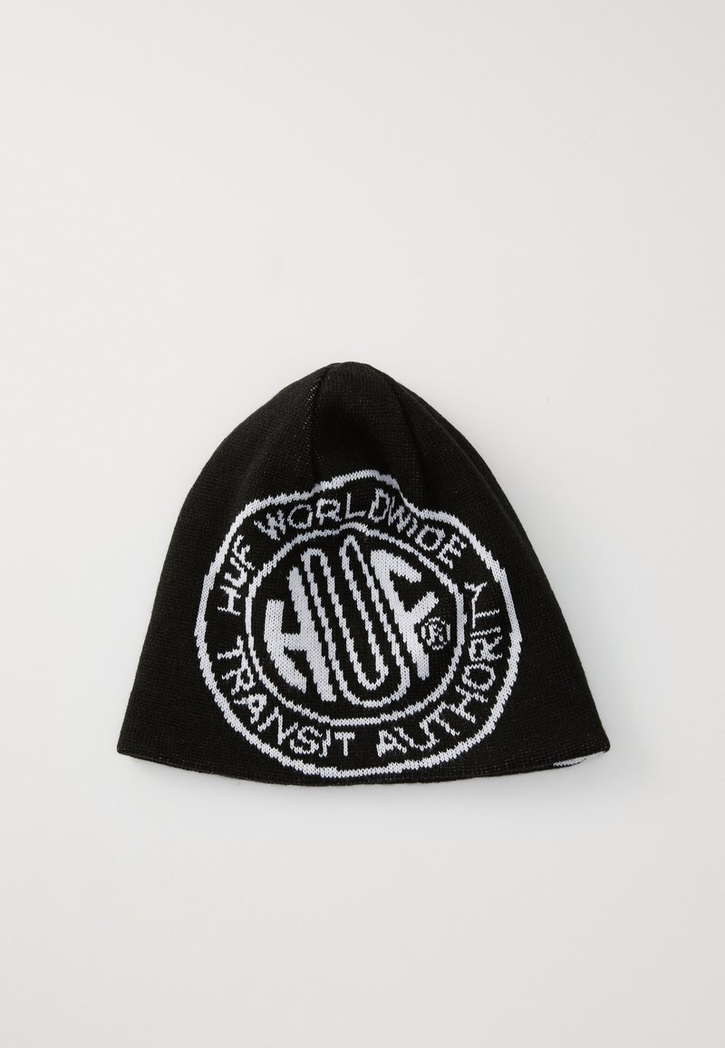 Black knit beanie featuring a large white graphic in the center with "HUF" and surrounding text. Soft texture, close-fitting shape.