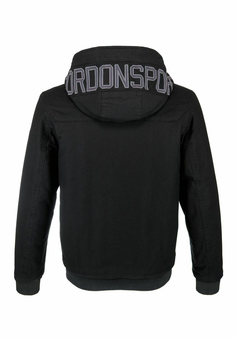 Schwarze Kapuzenjacke aus strukturiertem Stoff. "GORDONSPORT"-Logo auf dem Rücken eingestickt. Rippstrickbündchen an den Ärmeln und am Saum.