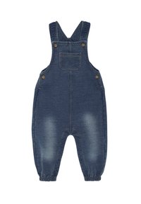 Denim hängselbyxor med justerbara axelremmar, framficka och elastiska ärmmuddar. Mörkblå tvätt med blekta accenter och minimala sömdetaljer.