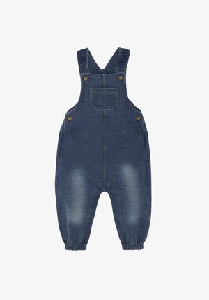 Denim overalls med justerbare stropper, frontlomme og elastiske manchetter. Mørkeblå vask med falmede accenter og minimale syninger.