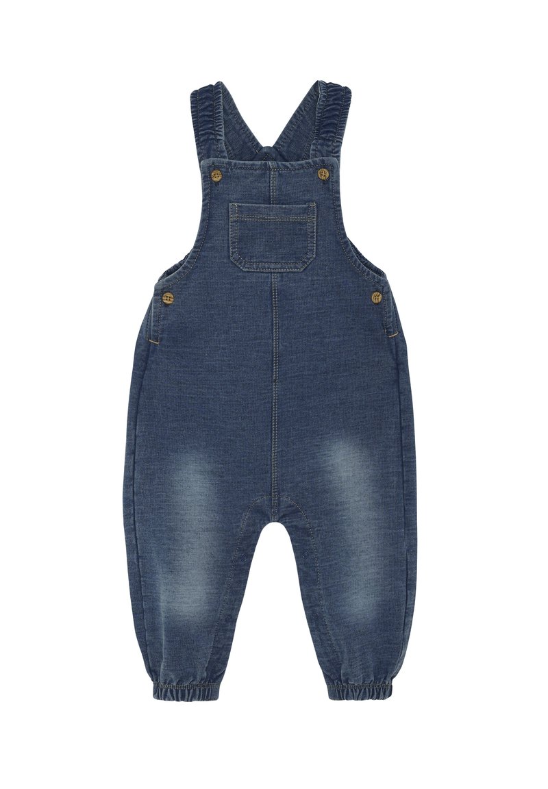 Denim hängselbyxor med justerbara axelremmar, framficka och elastiska ärmmuddar. Mörkblå tvätt med blekta accenter och minimala sömdetaljer.