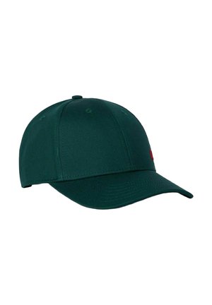 Cappellino da baseball verde scuro con visiera curva e occhielli cuciti, mostrato su uno sfondo bianco.
