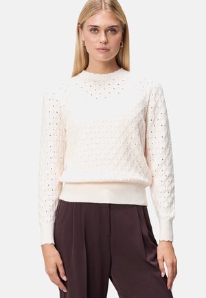 Cremfarbener Strickpullover mit strukturiertem Rautenmuster, geripptem Saum und Bündchen. Der Rundhalsausschnitt und die langen Ärmel sorgen für eine lockere Passform.