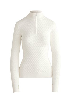 Weißer Strickpullover mit hohem, durch Reißverschluss geschlossenem Kragen, mit strukturiertem Rautenmuster und taillierten langen Ärmeln.