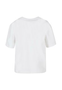 Hvid bomulds T-shirt, korte ærmer, rund hals, ensfarvet, afslappet pasform, ingen synlige logoer eller mønstre, glat tekstur.