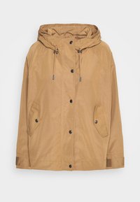 Tan hooded jacket made of lightweight fabric, featuring two side pockets, snap buttons, and adjustable drawstrings at the hood.