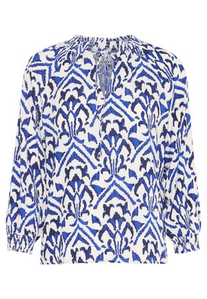 Blouse à manches longues bleu et blanc avec un motif floral, un col plissé et une ouverture en forme de trou de serrure au dos. Tissu léger.