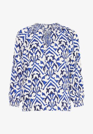 Blau-weiße Bluse mit langen Ärmeln, die ein florales Muster, einen plissierten Ausschnitt und eine Schlüsselöffnungsdetail an der Rückseite aufweist. Leichter Stoff.