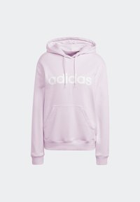Ljusrosa bomullshuvtröja med en känguruficka, vit "adidas"-logotyp på framsidan, justerbar dragkedjehuva och ribbade muddar.
