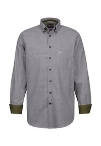 Camicia a maniche lunghe a quadri bianco e nero con colletto button-down, polsini verdi e bottoni a contrasto sul davanti e sui polsini. Materiale in cotone.