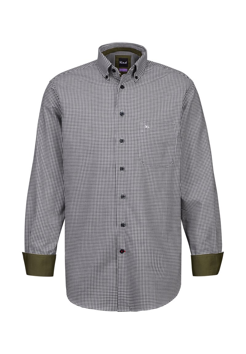Camicia a maniche lunghe a quadri bianco e nero con colletto button-down, polsini verdi e bottoni a contrasto sul davanti e sui polsini. Materiale in cotone.