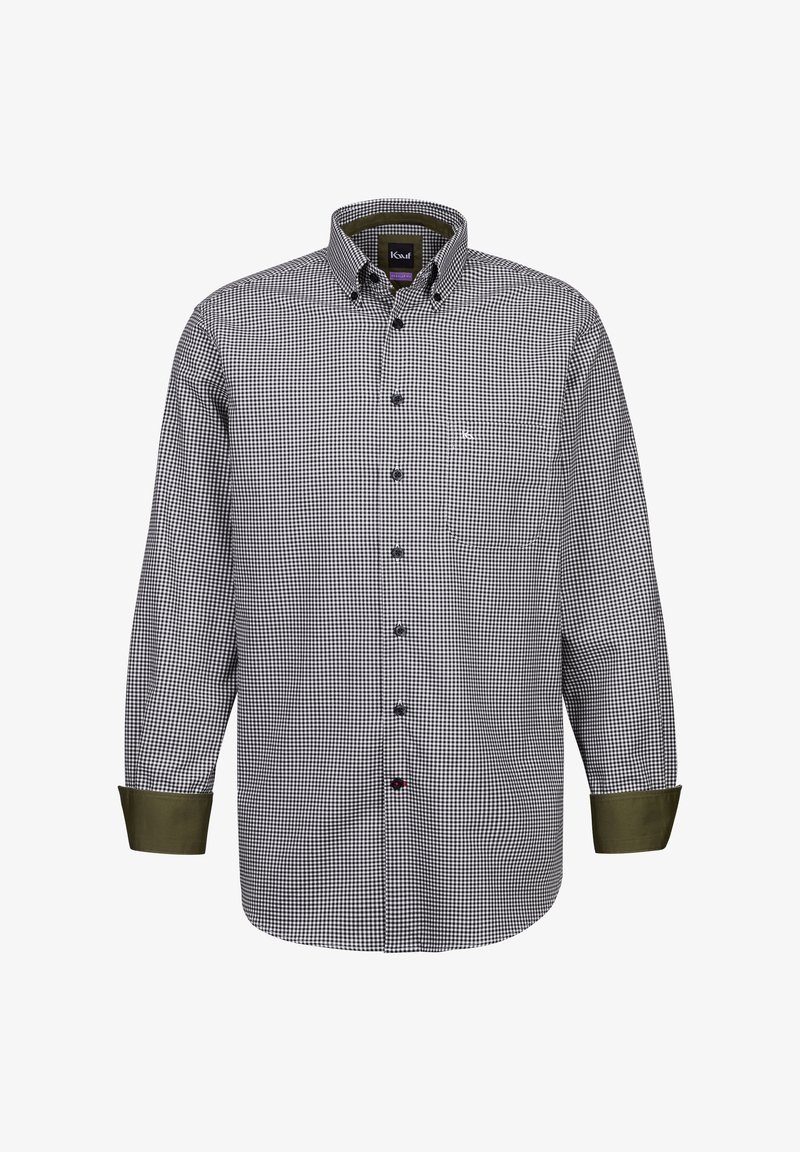 Camicia a maniche lunghe a quadri bianco e nero con colletto button-down, polsini verdi e bottoni a contrasto sul davanti e sui polsini. Materiale in cotone.