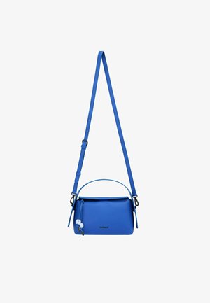 Blaue Leder-Crossbody-Tasche mit verstellbarem Tragegurt, abgerundetem Obergriff, Reißverschluss und dekorativer Hardware am Reißverschluss mit Blumendetail.