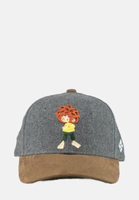 Gray fabric cap with a brown suede brim. Features an embroidered cartoon child with orange hair, wearing a yellow shirt and green pants.