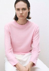 Roze pullover trui met een ronde hals, lange mouwen en een relaxte fit. Glad stoftextuur; gedragen met lichtgekleurde, losse broeken.