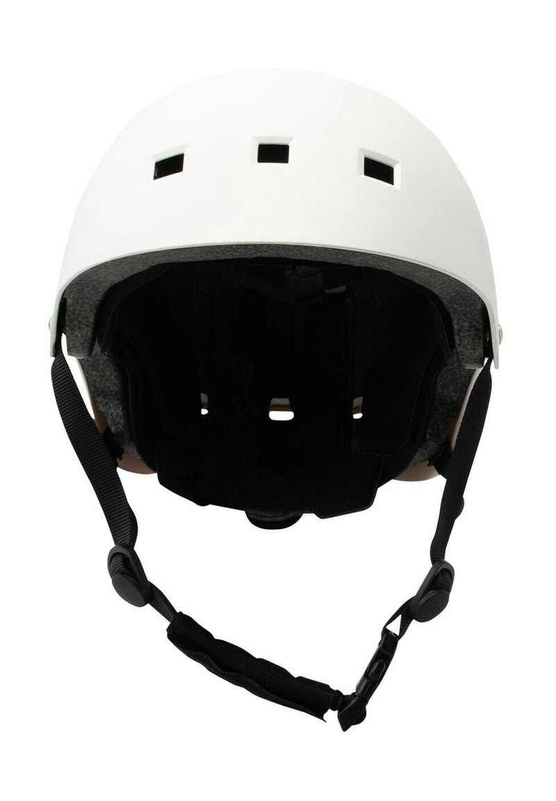 Witte helm met ventilatiegaten, zwarte binnenvoering en verstelbare kinband. Gladde oppervlakte en ronde vorm.