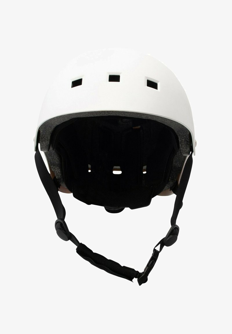 White helmet with ventilation holes, black inner lining, and adjustable chin strap. Smooth surface and rounded shape.