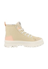 Beige high-top shoes with white laces, textured rubber sole, and pink heel and accent detail. Canvas material with reinforced toe cap.