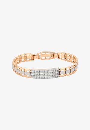 Goldfarbener Armband mit rechteckigen Gliedern, abwechselnden weißen Emaille-Abschnitten und einem zentralen Abschnitt mit Strasssteinen, der mehrere funkelnde Steine aufweist.