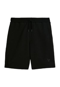 Schwarze Baumwollshorts mit elastischem Bund und Kordelzug. Mit einem dezenten Logo am linken Bein. Glatte Textur, überknielang.