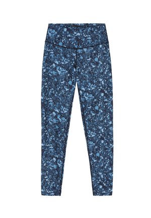 Blaue Leggings mit Muster, die einen dunklen Grund mit helleren blauen abstrakten Formen zeigen. Sie bestehen aus dehnbarem Material und haben einen hohen Bund.
