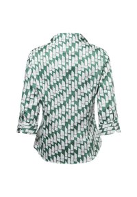 Camicia a pattern verde e bianco con colletto classico, maniche a tre quarti e orlo curvo con polsini abbottonati.