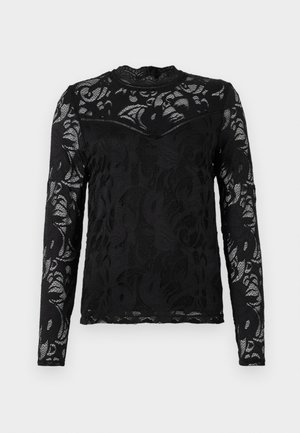 Schwarzes Langarmoberteil aus Spitze, mit floralem Muster, hohem Ausschnitt und figurbetonter Silhouette mit strukturierten Details.