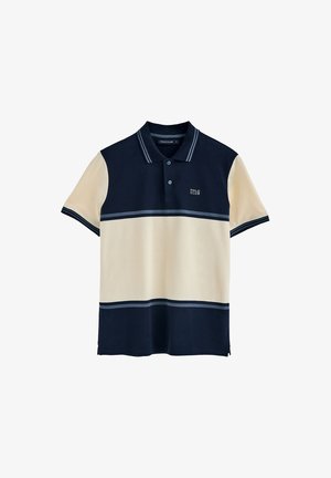 Niebiesko-kremowa polo w paski z klasycznym kołnierzykiem, zapięciem na dwa guziki i haftowanym logo. Krótkie rękawy z kontrastowymi mankietami.