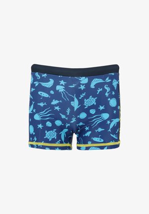 Blaue Jungenbadehose mit hellblauen Meerestier-Mustern und gelbem Besatz auf weißem Hintergrund.